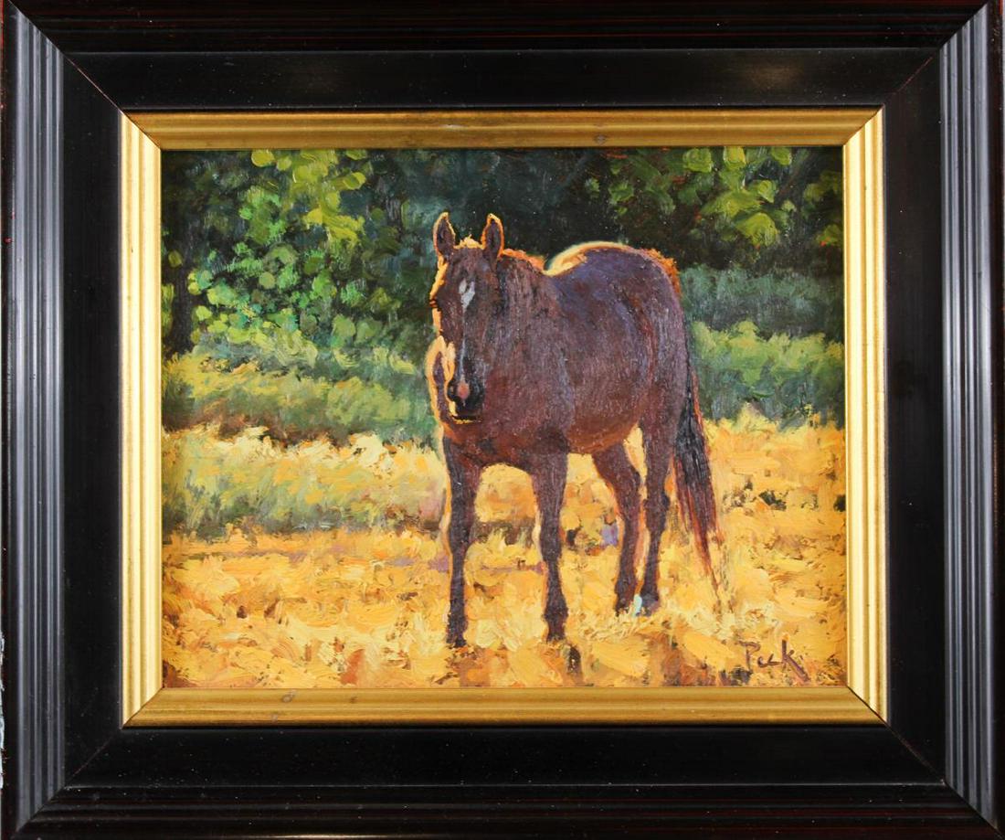 Carol Peek (b. 1961) American, Oil: Titled "Summer Color; Soldier Boy", engaging portrait of a horse in a field. Signed lower right and inscribed. Dated '92. Carol Peek is active in California and Utah, and is known for animal, ranch ge