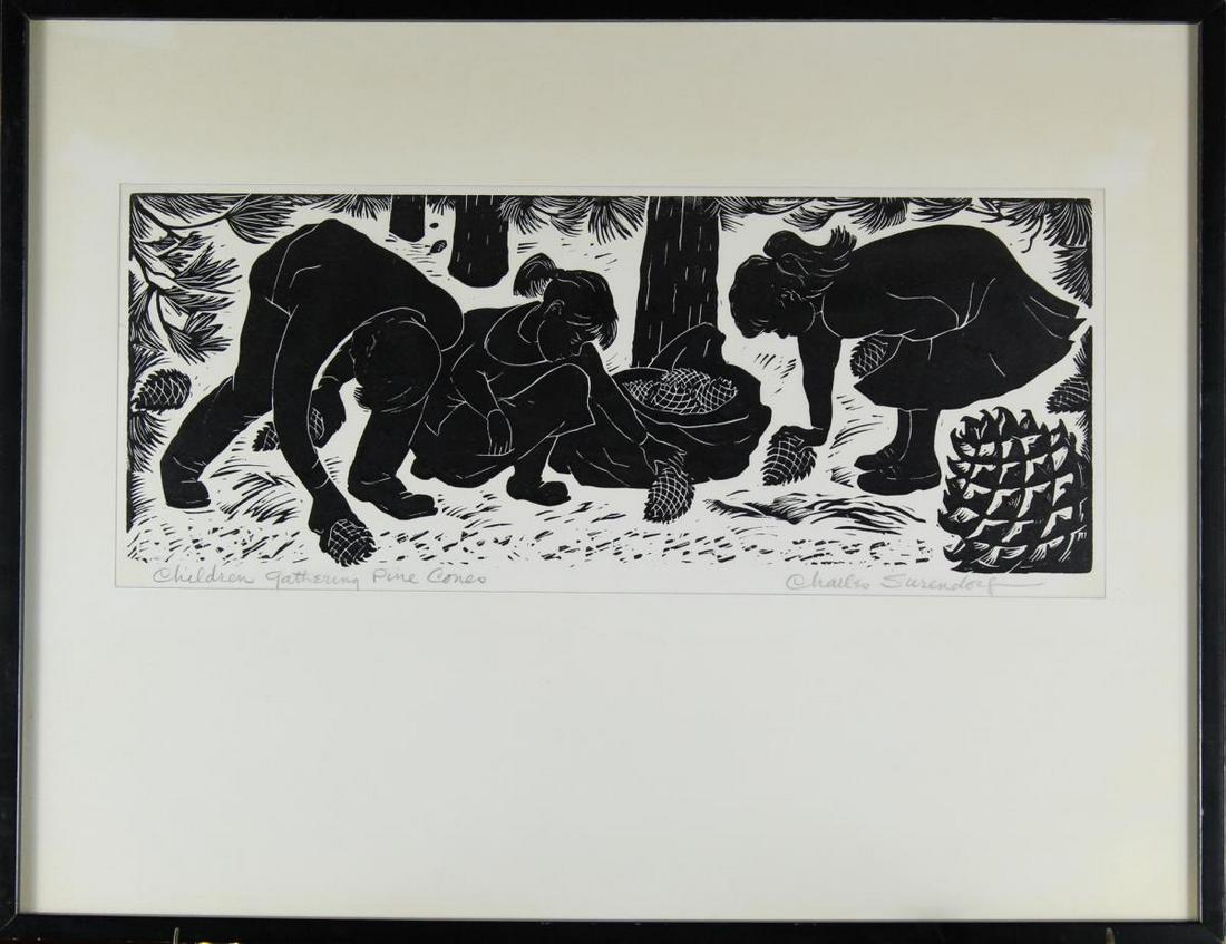 Charles Surendorf (1906-1979) American, Linocut: "Children Gathering Pinecones - Columbia", depicts a group of three children picking up fallen pinecones and filling the bag. Linocut, signed and titled in pencil. Charles Surendorf was active in Cali