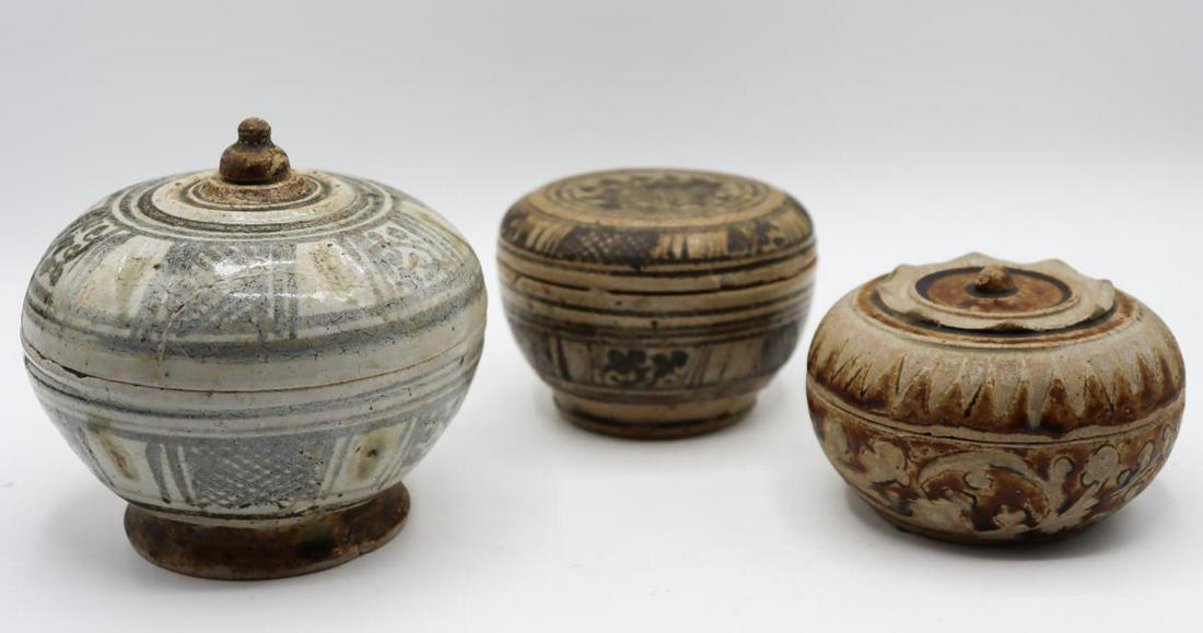 Group of (3) Thai Sawankhalok Ceramic Lidded Jars (1 of 11)