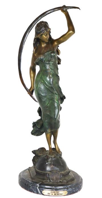 After Auguste Moreau (1826-1897) French, Sculpture: Bronze figurine on marble base. Acknowledged as one of the finest examples of Moreau's work, 'L'Aurore' (translating to 'The Dawn') depicts an Art Nouveau maiden standing and clutching a crescent moon