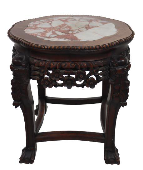 Chinese Hardwood Carved Stool w Marble Insert (1 of 8)