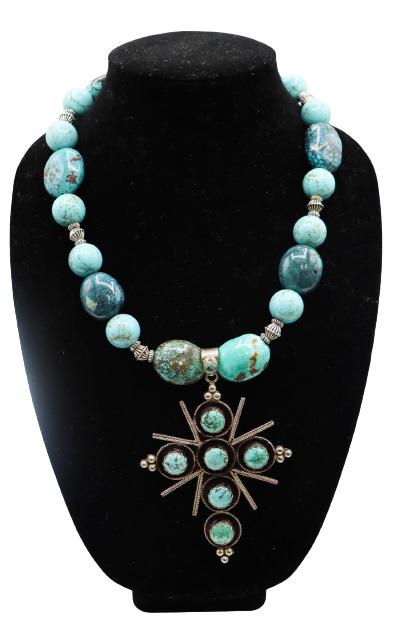 Sterling Turquoise Beaded Necklace w Cross Pendant (1 of 9)