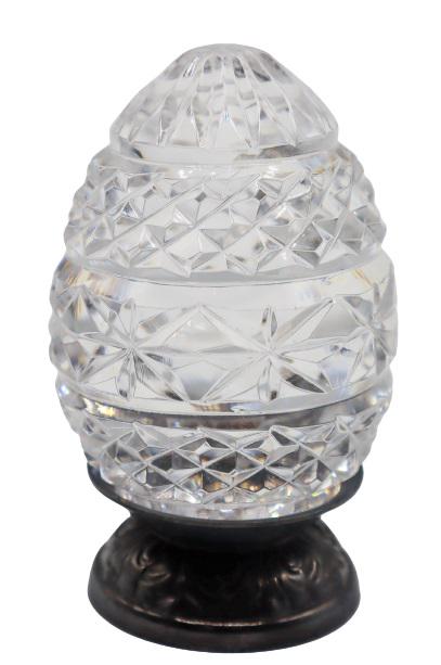 Cut Crystal Egg with Base: Elegant cut crystal egg on silver plate base, festive designs around body.4 x 2 in.