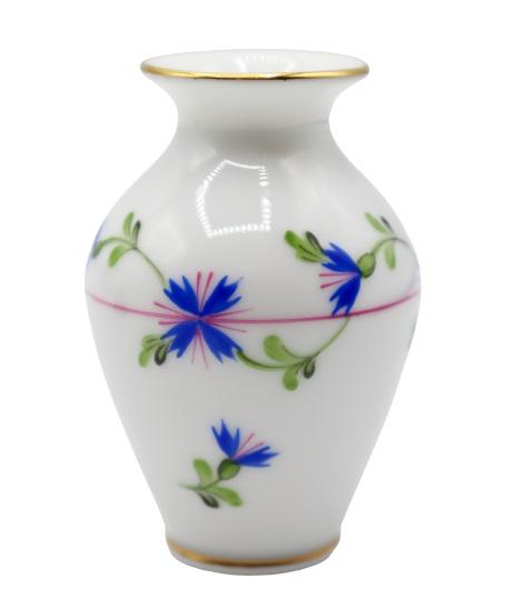Herand Hungary Porcelain Vase: Vase has hand-painted design of blue flowers, green & pink accents, with gold trim. Stamp on bottom. 2 1/2 x 2 in.
