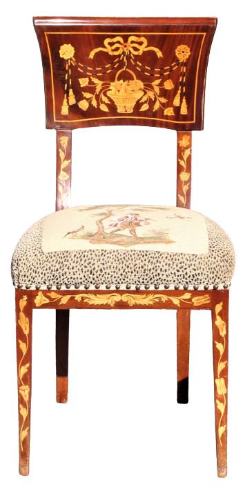 European Chair With Marquetry Inlay & Embroidery: European chair with marquetry wooden inlay design. Embroidery on the cushion shows a monkey playing a fife and drum. Size: 17 x 18 x35 1/2 inPlease note that all sales are final. No refunds will be gi