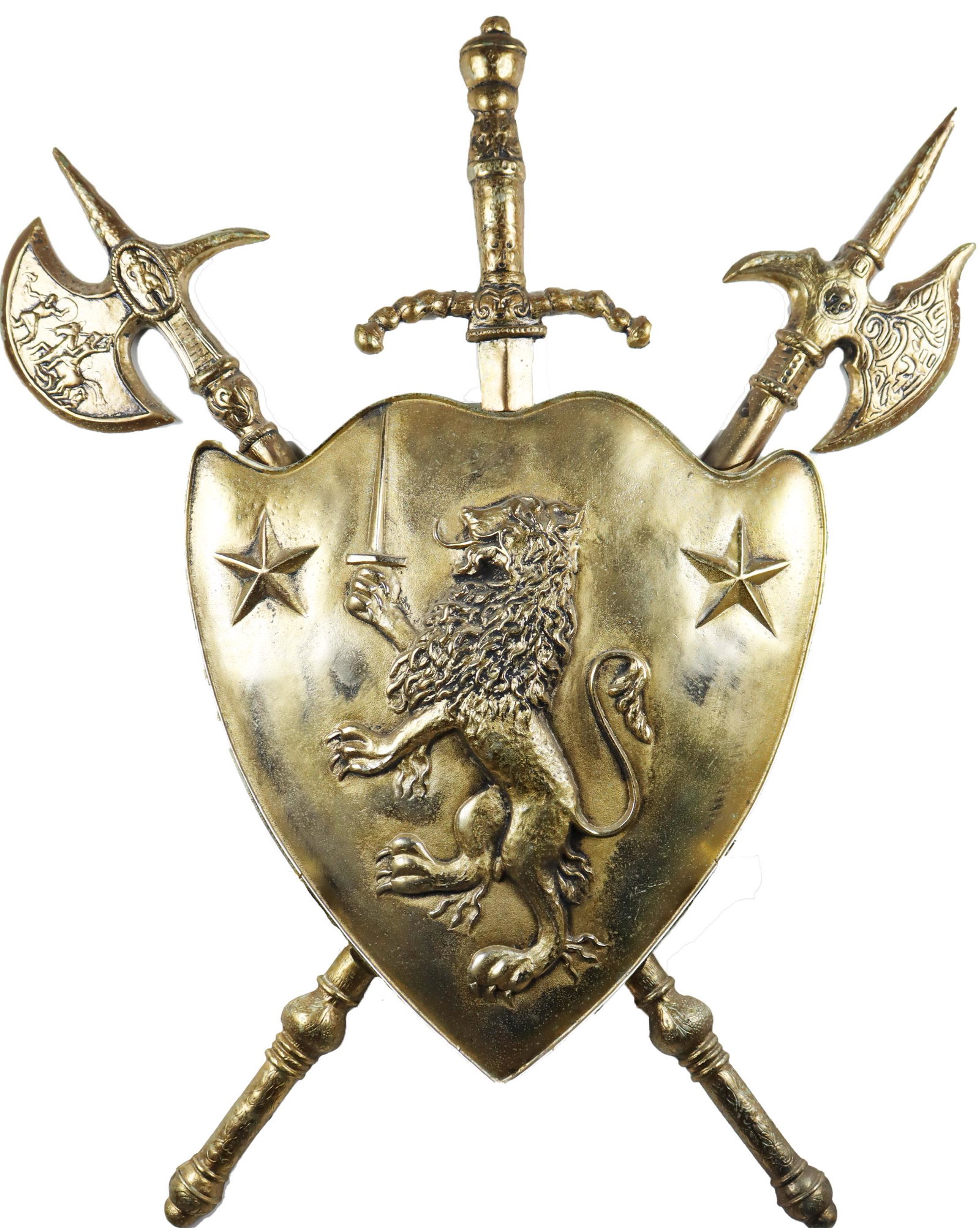 Renaissance Revival Metal Coat of Arms Shield: Renaissance Revival mixed metal coat of arms shield featuring a standing lion with three weapons displayed. Size: 34 x 27 in. Please note that all sales are final. No refunds will be given under any c