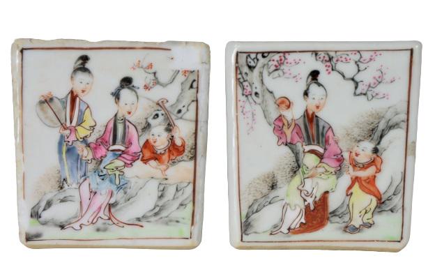Pr. Antique Chinese Hand Painted Scene Brush Pots: Pair of antique hand painted Chinese brush pots, square form, scenes of figures in exterior setting.Size: 2 1/2 x 2 1/4 x 2 1/2 in.Please note that all sales are final. No refunds will be given under 