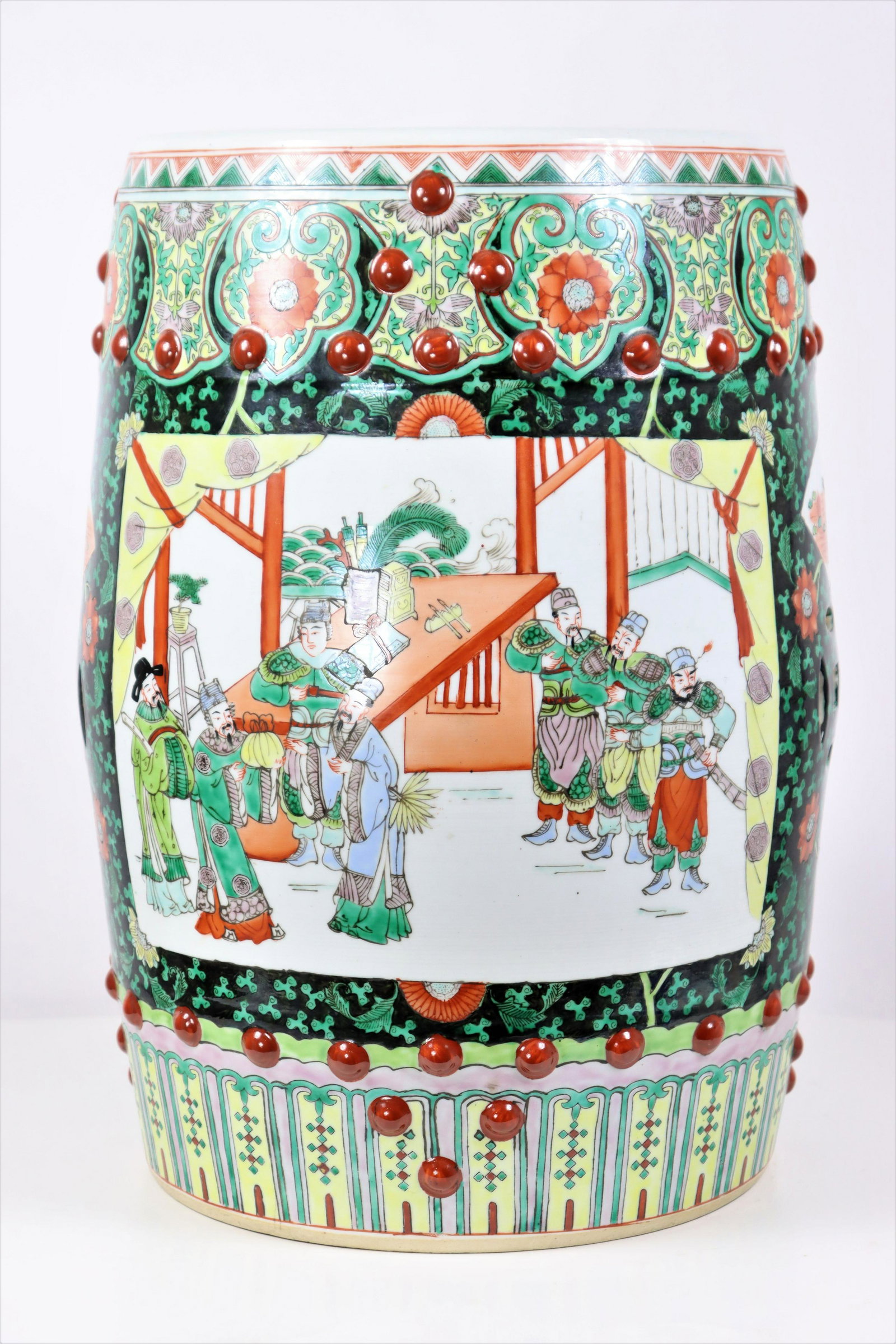 Chinese Hand Painted Porcelain Plant Stand/Stool: Bright hand painted Chinese plant stand/Stool.Size: 13 x 13x 9 in. Please note that all sales are final. No refunds will be given under any circumstances.