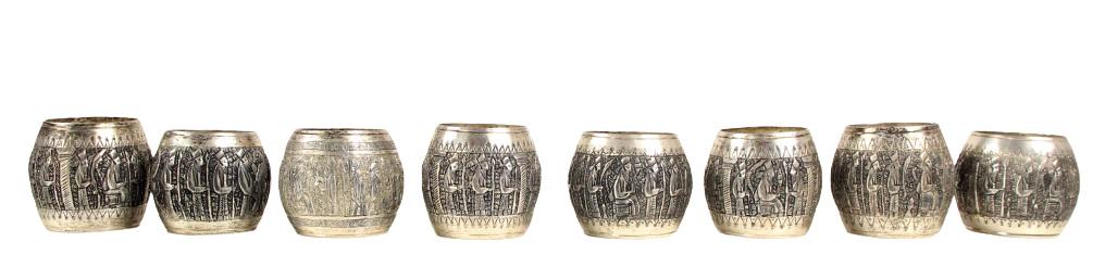 (8) Antique Silver Relief Napkin Rings: Silver relief napkin rings.Size: 1 3/4 x 1 1/2 in.Please note that all sales are final. No refunds will be given under any circumstances.