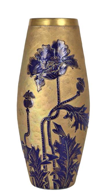 Mount Joy Vintage Cameo Glass Vase: Exquisite cameo art glass vase, decorated with gorgeous floral motif set against a gilded background. Vase is a subtle ovoid shape, with gilded rim. Mount Joy, according to label on bottom.9 1/2 in. t