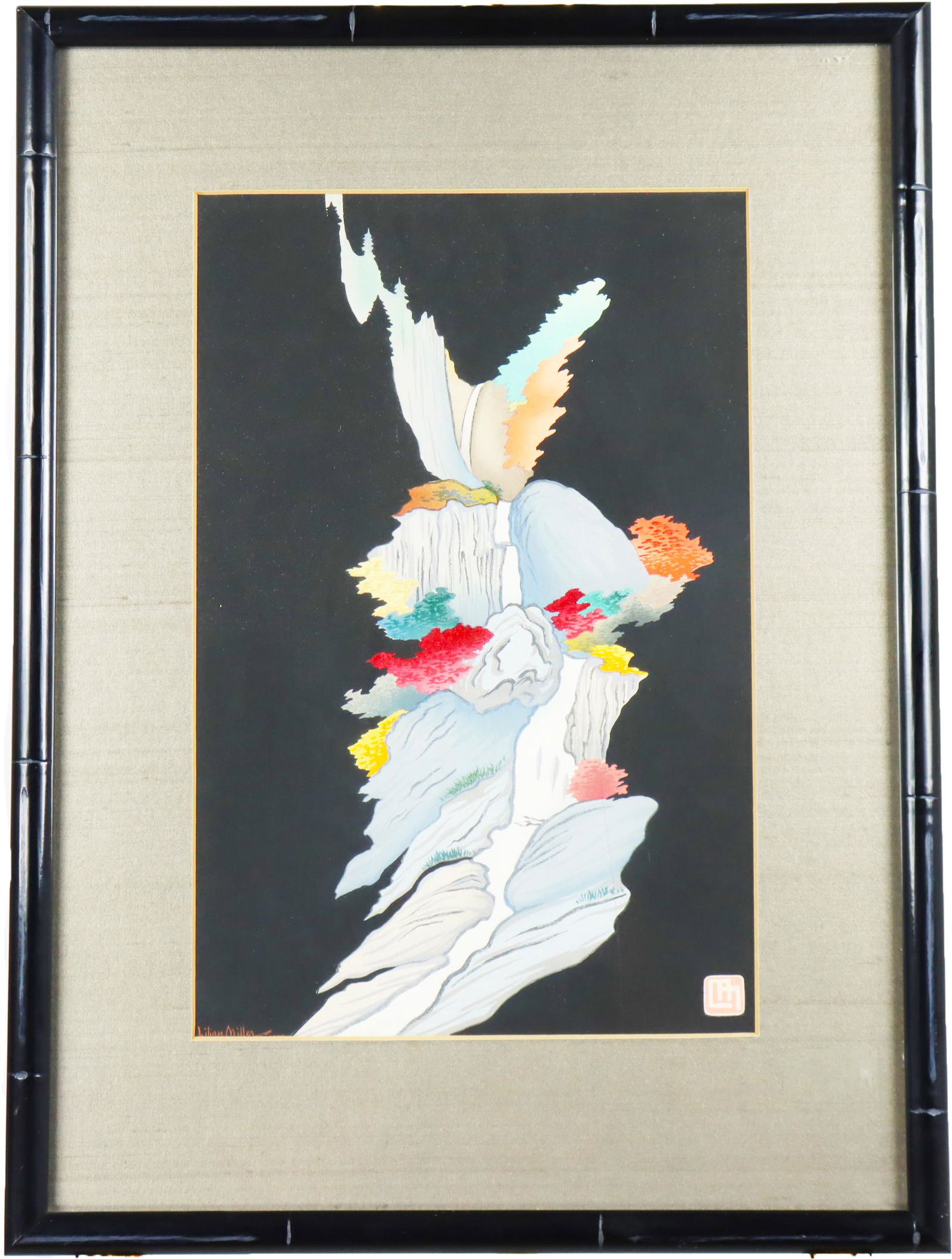 Lilian May Miller (1895-1943) Amer, Woodcut Print: Woodcut print by Lilian Miller, initial monogram in the lower right and signature in the lower left. It is titled "Waterfall" on the gallery label verso from Kabutoya Galleries. "Rainbow Phoenix Water
