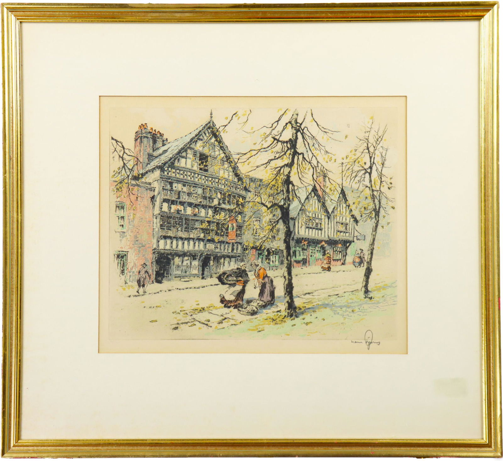 Hans Figura (1898-1978) Austria, Aquatint: Aquatint by Hans Figura. It is signed in pencil in the lower right, and numbered 175/250 in the lower left. Depicting a fall street scene.A noted painter and etcher, who was well known for his aquatin
