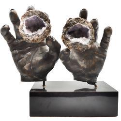 Signed Statue of Hands with Geodes: This is a lovely statue of a pair of hands holding a split geode. The hands are wired to a base. One of the hands are signed and dated on the side "V.M. 87" Measurements: 12 x 12 1/2 x 6 1/2Please not