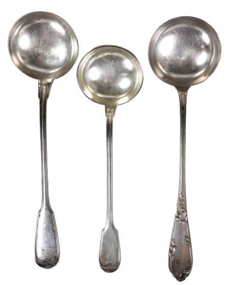 (3) French Christofle Silver Ladles: French silver serving ladle with the hallmark Christofle Size: 12 1/2 x 3 1/2 in. Please note that all sales are final. No refunds will be given under any circumstances.