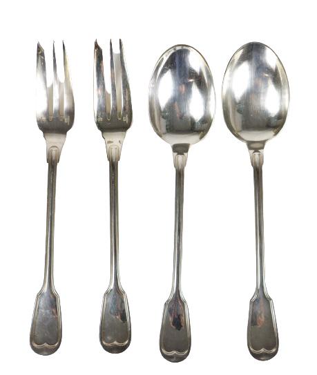 (4) French Christofle Silver Plated Fork & Spoon: Four French Christofle silver plated serving spoons and forksSize: 9 1/2 x 2 1/4 in. Please note that all sales are final. No refunds will be given under any circumstances.