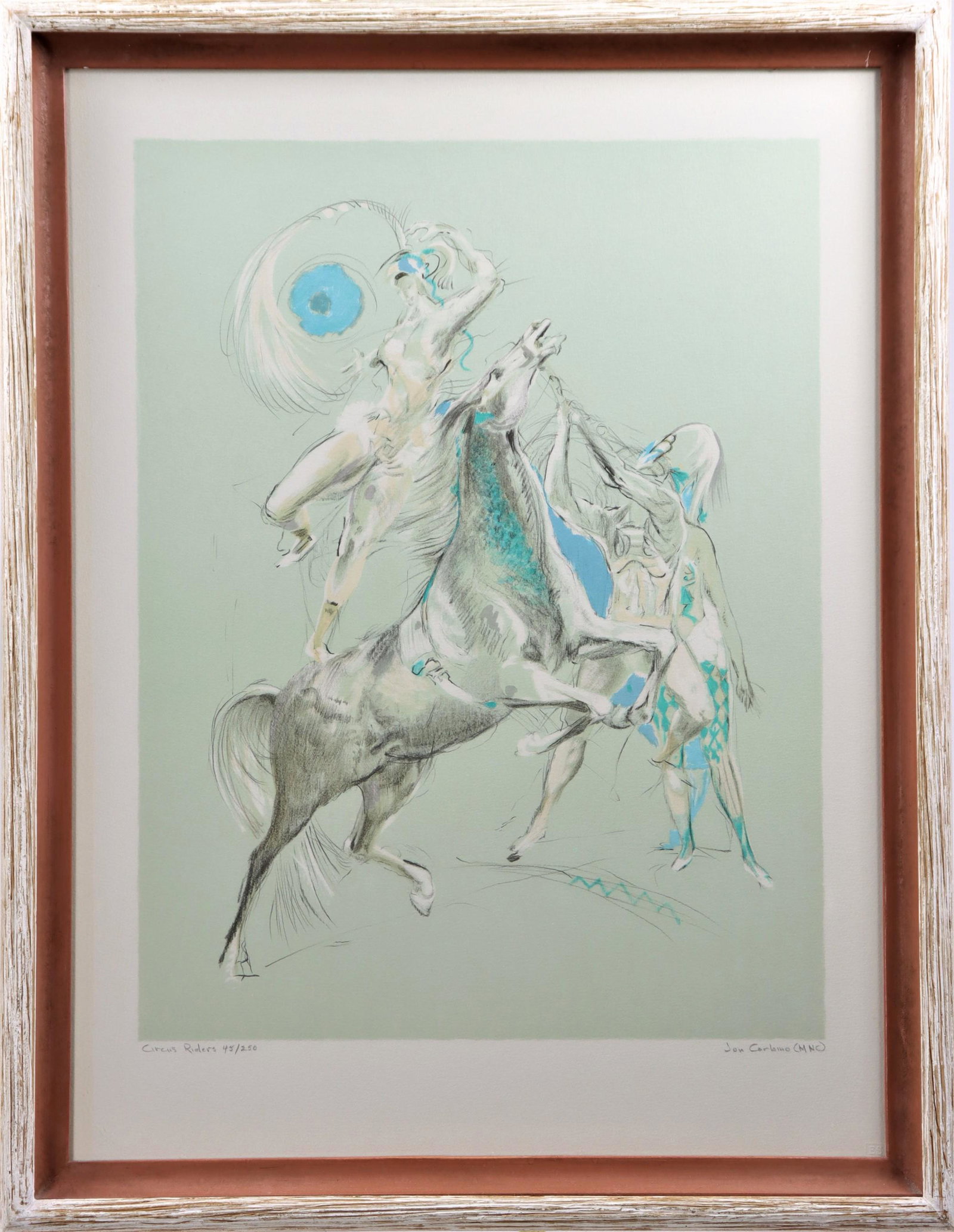 Jon Corbino (1905-1964) New York, Lithograph: Titled: "Circus Riders". This piece is a lithograph numbered 45/250.Size: 31 x 24 and 23 x 17 1/2 in. Please note that all sales are final. No refunds will be given under any circumstances.