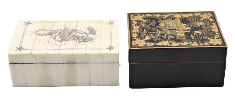 (2) Decorative Boxes: The box with a mermaid riding a seahorse is of bone or shell-like material, the other box appears to be Chinese lacquer ware. Size of each box: 2 1/4 x 4 1/2 x 3 1/2 in. Chinese black lacquer. Outdoor