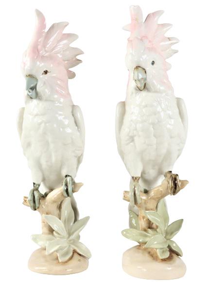 Pair of Royal Dux Porcelain Cockatiel Birds: This lot is a Pair of Royal Dux Czechoslovakian Porcelain Cockatiel. There is a crack and chip that can be seen in photos. Size: 16 x 7 x 5 in.Please note that all sales are final. No refunds will be 