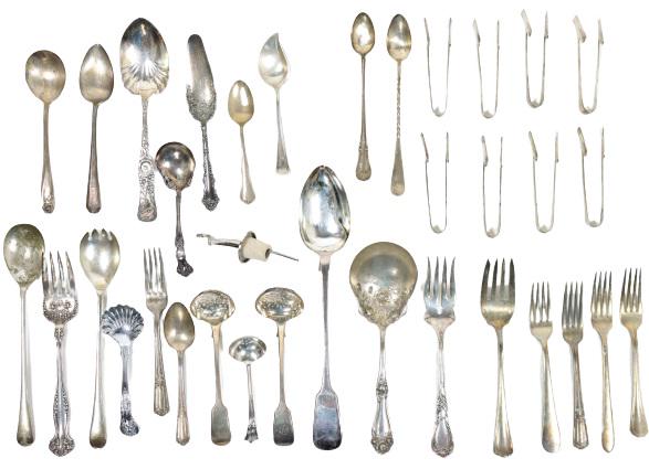 (35) Pcs. Collection of Utensils & Servers: 35 pcs. collection of plated silver utensils & servers.Size: 12 x 2 1/4 and 3 x 9 in.Please note that all sales are final. No refunds will be given under any circumstances.