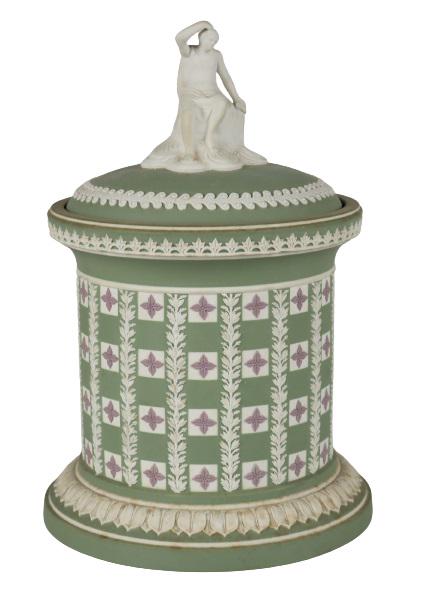 Wedgwood Diced Jasper Covered Centerpiece: Wedgwood Three Color Diced Jasper Covered Centerpiece, England, 1972, green dip to a white ground, with applied lilac quatrefoils and white running laurel borders.Size: 8 x 5 1/2 in.Please note that a