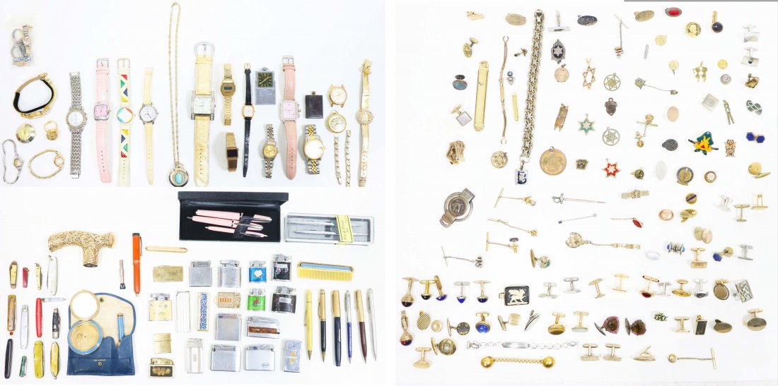 Several Pieces of Assorted Costume Jewelry/Items: A huge and diverse collection of 150+ items, includes at least 20 watches, one of which is an authentic Michelle watch (with damaged face), 12 pens 12 pocket knives 19 lighters, and 100+ assorted tie