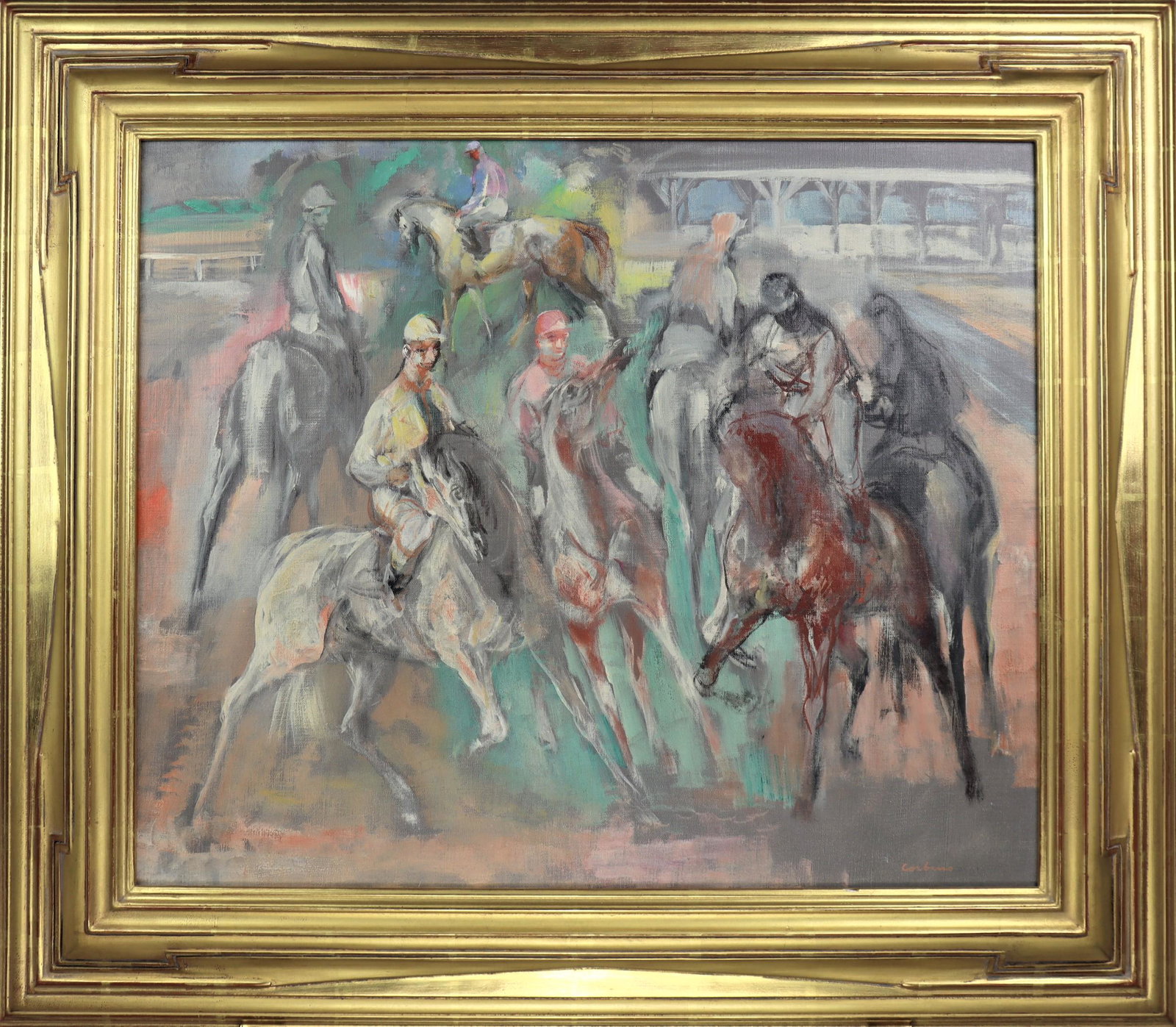 Jon Corbino (1905-1964) American, Oil on Canvas: Entitled "Race Morning", this lively oil on canvas portrays the tense excitement felt by thoroughbreds and their jockeys in preparation for the big moment. Signed lower right. A highly acclaimed artis