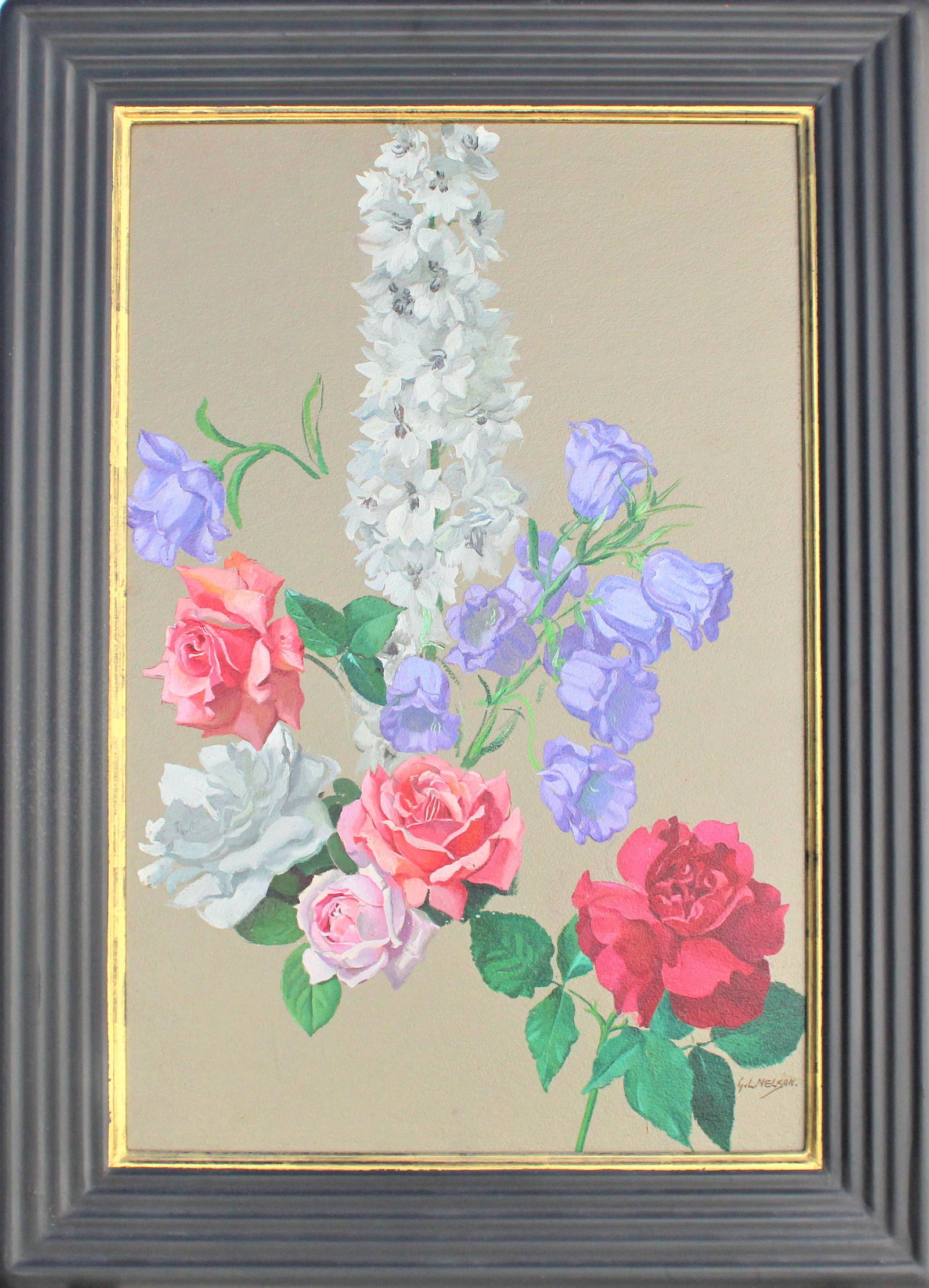 George Lawrence Nelson (1887-1978) Amer, O/B: Roses and other floral imagery, oil on board, signed G.L. Nelson lower right, and on reverse: Kent, Conn.George Lawrence Nelson started his long art career by working diligently, studying first in NYC