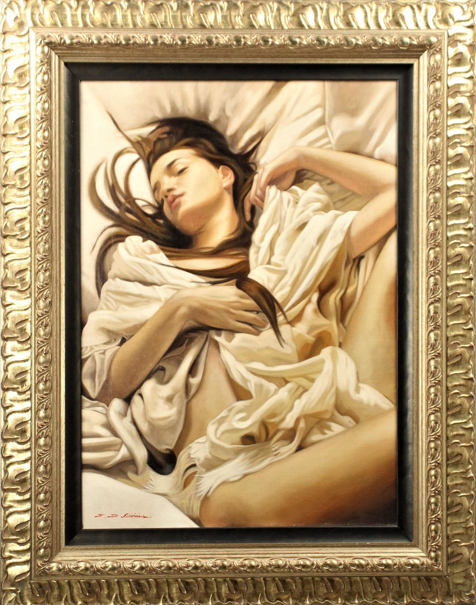 Fulvio De Marinis (1971-), Oil on Canvas: Contemporary oil on canvas.Well executed reclining female. Signed lower left.Original price $2,100Purchased: Soleil Fine Arts Naples, FL.Overall size: 37 x 29 in.Sight size: 27 x 19 in.Please note tha