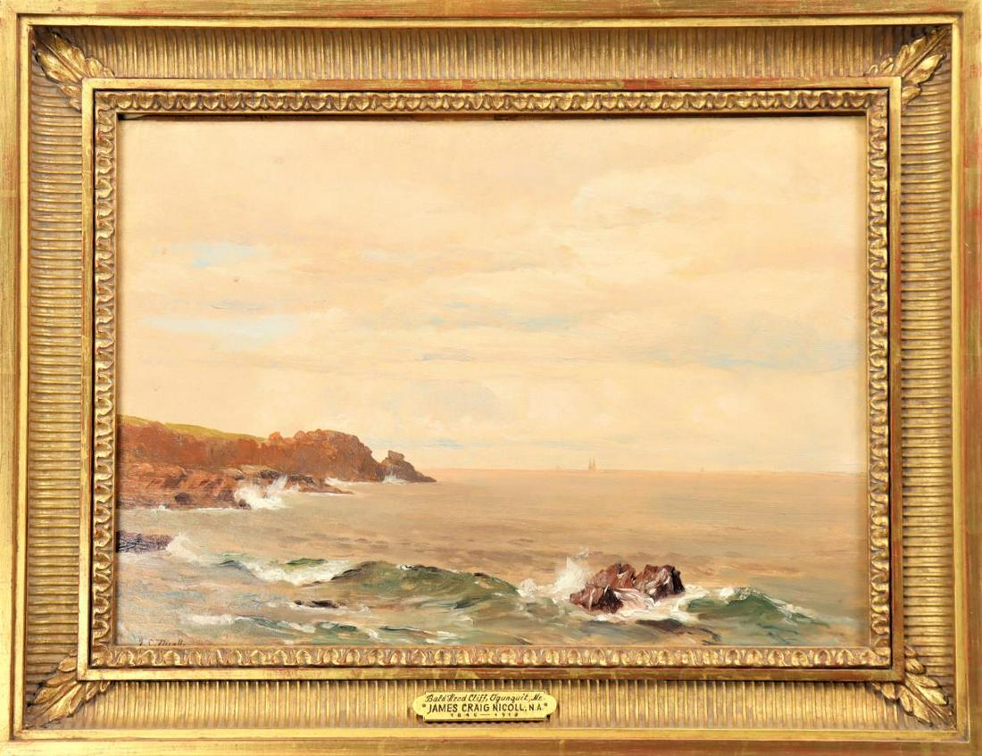 James Craig Nicoll (1846-1918) American, O/B: Titled "Bald Head Cliff, Ongunquit, Me" 1903. Oil on board, signed lower left. This piece was purchased from a NYC collection and framed by Diego Salazar. Born in NYC, James Craig Nicoll was an Easter