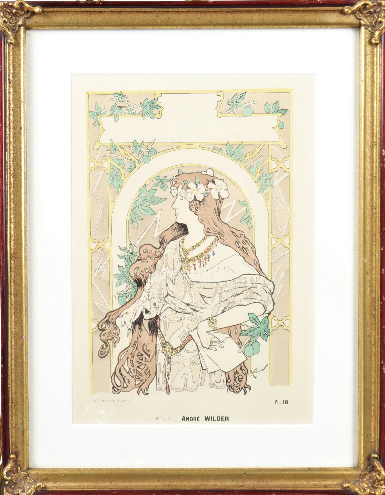 Andre Wilder (1871-1965) French, Litho: No. 215 lower left. Pl. 18 lower right. Helio, Buirette & Co. Paris written in the lower margin along with artist name. Printed Paris Magazine ad, glorious woman with a flower crown. Andre Wilder is k