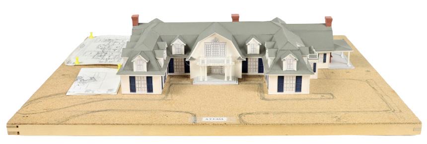 Model and Blueprint of Bridgehampton N.Y. Estate: Provenance: Adrienne Vittadini & Gigi Vittadini, Southampton Estate. This is a Model and Blueprint of Bridgehampton N.Y. Estate on a cork base. Model is made of a paper or cardboard material. Home flo