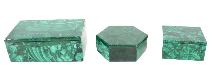(3) Malachite Boxes: Provenance: Adrienne Vittadini & Gigi Vittadini, Southampton Estate. This is a lovely group of three malachite boxes. The rectangular box does have some metallic trim on the interior.Sizes: Rectangle: