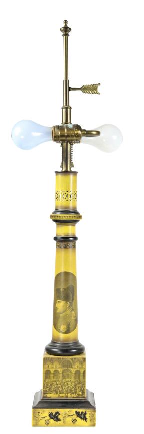 French Antique Lamp: Provenance: Adrienne Vittadini & Gigi Vittadini, Southampton Estate. This is a beautiful lamp with a military portrait and various exterior crowd scenes. Size: 9 x 5 x 31 in. Please note that all sale