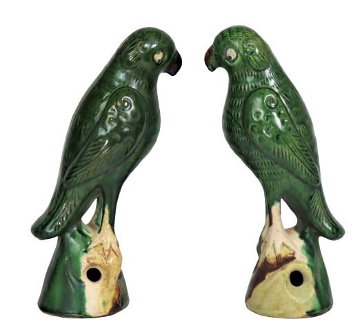 Pair of Chinese Sancai Glazed Parrots: This is a lovely pair of Chinese pottery, Heavy uncontrolled glaze Sancai Glazed Parrots. Height: 8 1/2 in. Please note that all sales are final. No refunds will be given under any circumstances.