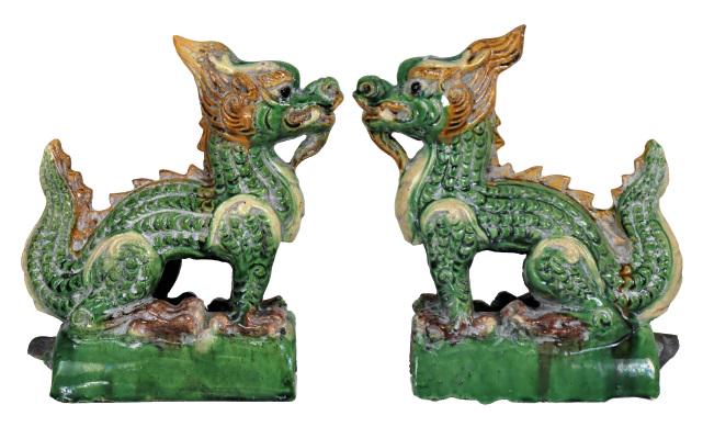 Pair of Chinese Roof Tile Dragons: Lovely pair of Chinese pottery, roof tile dragons. Height: 8 in. Please note that all sales are final. No refunds will be given under any circumstances.
