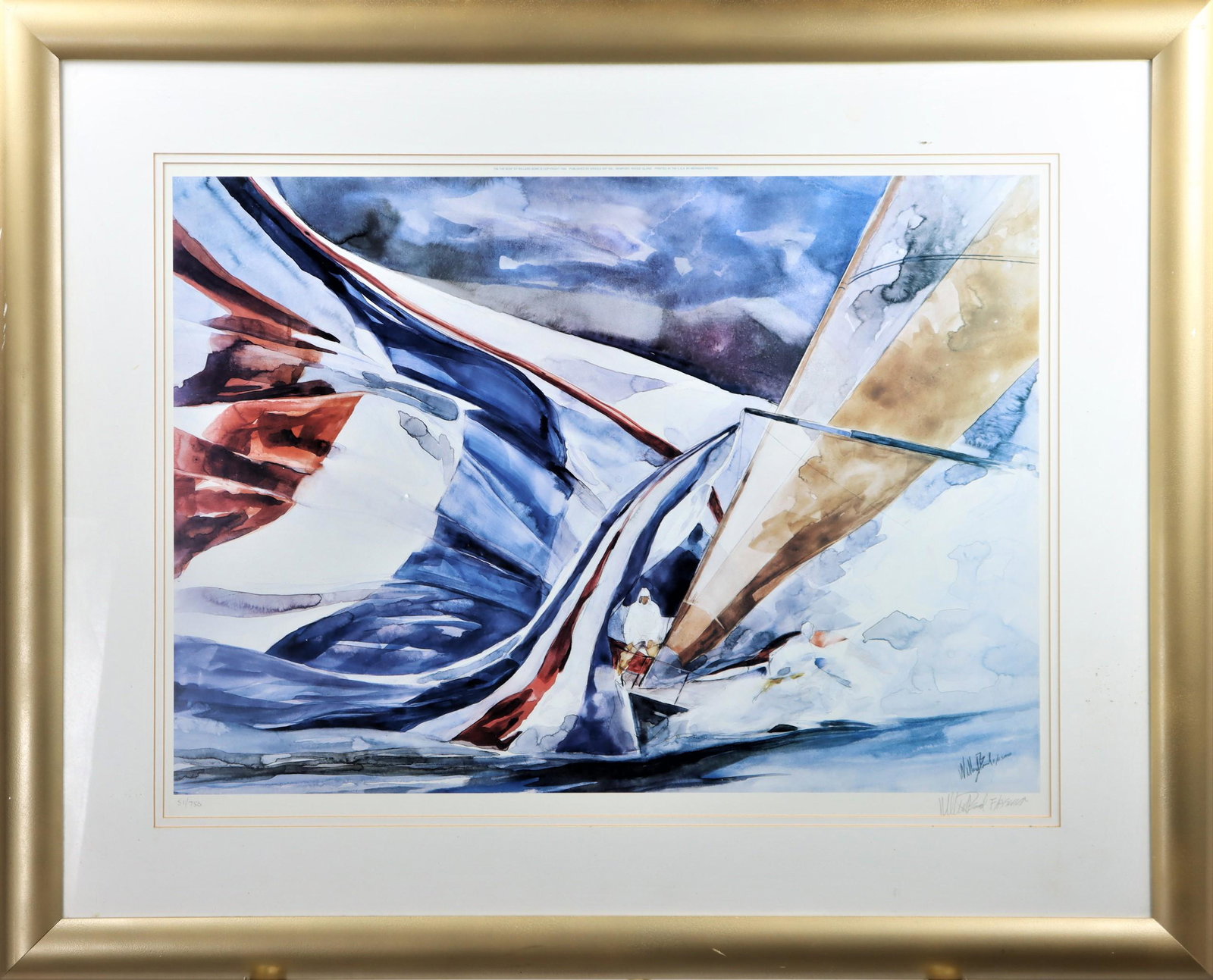 Sailing Lithograph, Signed: Large color lithograph looking down on sails from above, predominately red, white, & blue. Numbered 51/750 in pencil, indistinctly signed in the plate and also in pencil lower right. 30 x 36 1/2 in. 1