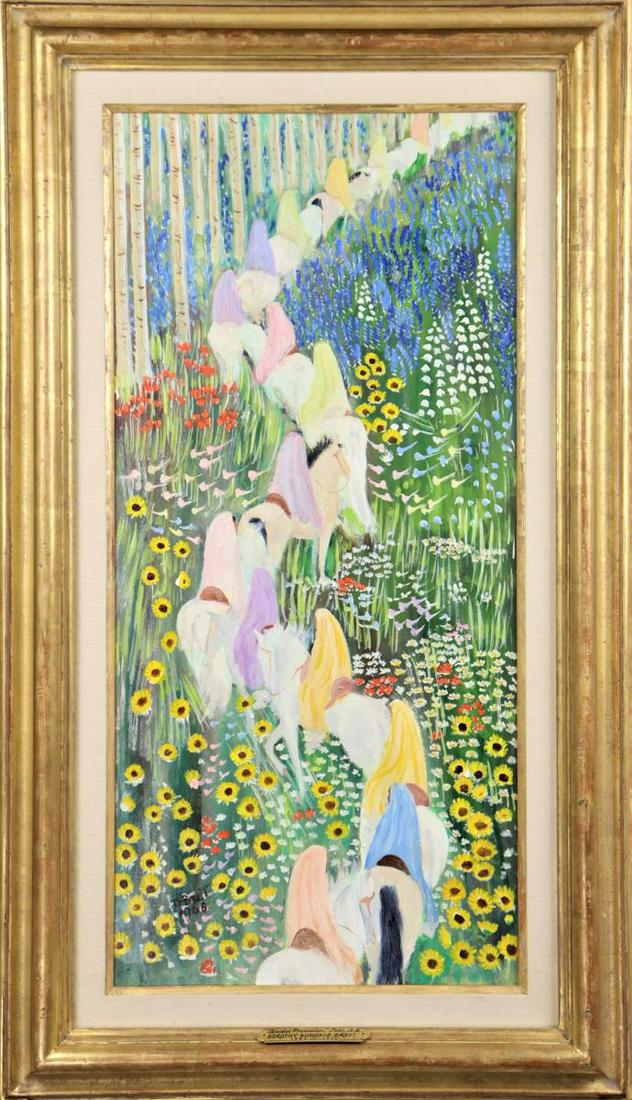 Dorothy Eugenie Brett (1883-1976) English A/B: Titled "Bridal Procession" 1968. This charming acrylic on board was purchased at Christie's East in 1985. Born in England to an aristocratic family, Dorothy Brett led a sheltered early life. In 1910, 