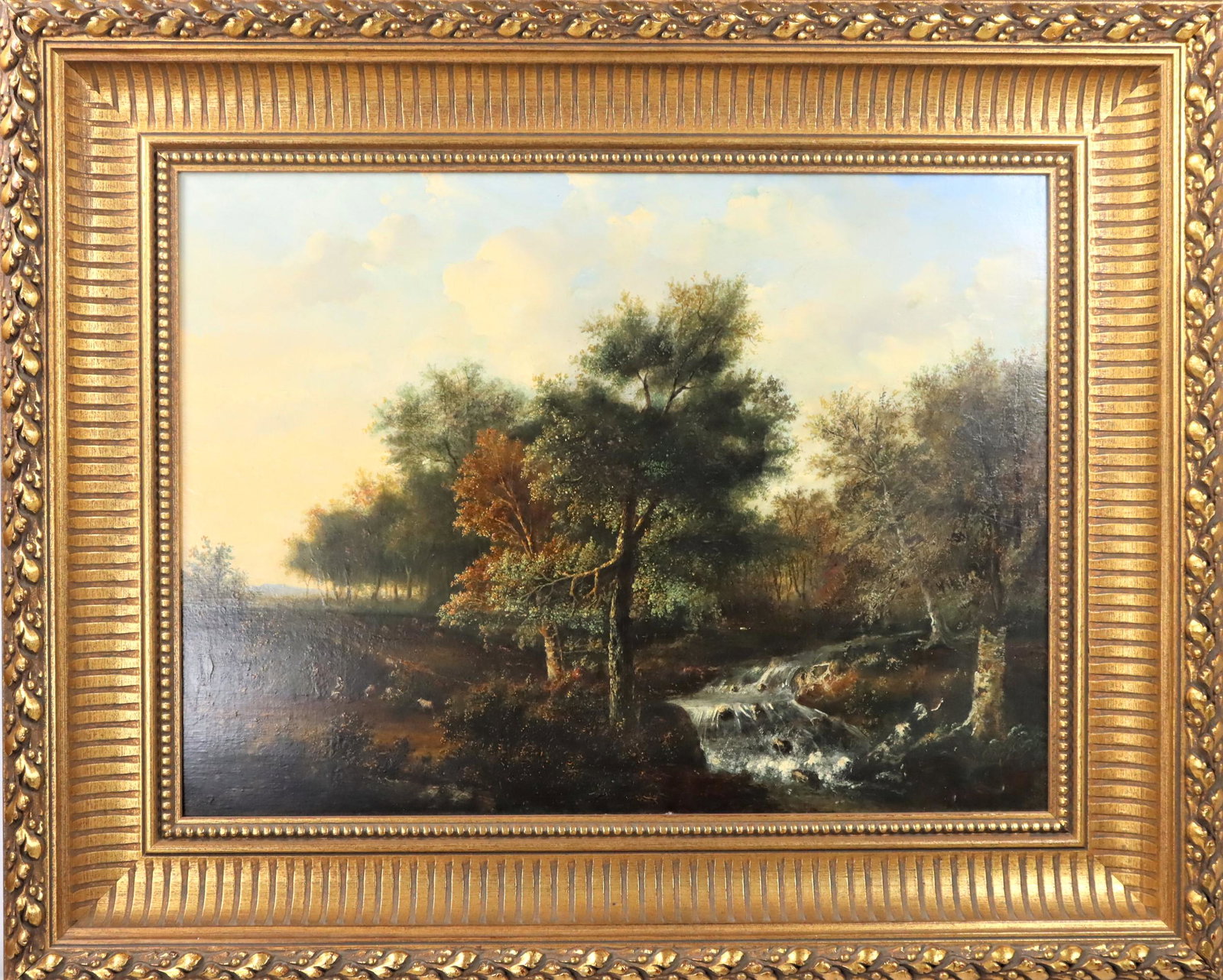 Gerard Jozef van Luppen (1834-1891) Belgian, O/C: Pastoral European landscape with waterfall and herd of sheep. Oil on canvas, signed lower right. Overall size: 31 x 38 in. Sight size: 20 x 27 in. Please note that all sales are final. No refunds will