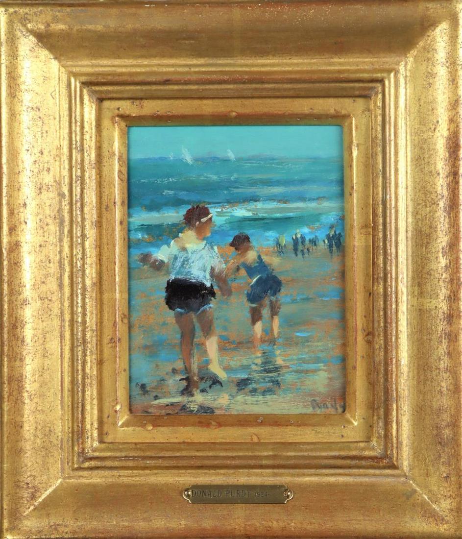 Donald Roy Purdy (Born 1924) American, O/B: Titled "Beach Scene with Little Girls". This delightful oil on masonite painting was purchased from a NYC collection. Donald Roy Purdy's career as an artist began in abstract painting and later moved