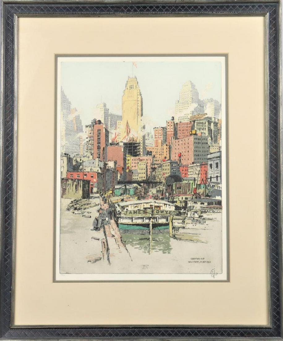 Hans Figura (1898-1978) Austrian/American, Etching: Titled "Coenties Slip" 1929. This is an aquaint etching purchased from a NYC collection. Hans Figura was a noted painter and etcher, who was well known for his aquatint etchings on paper or satin of E
