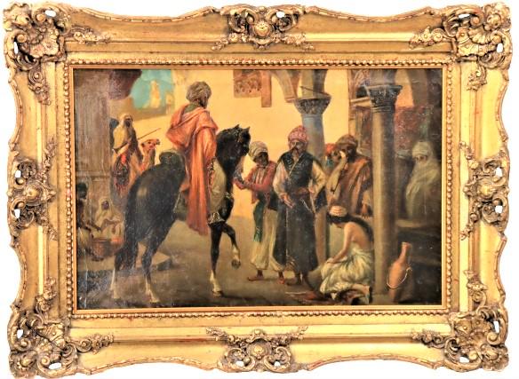 19th C. Orientalist Oil on Canvas: This is a middle Eastern town scene with figures and animals, this is what appears to be a slave market. Signs of restorations. The term 'Orientalist' as an artistic movement, can be roughly dated fro
