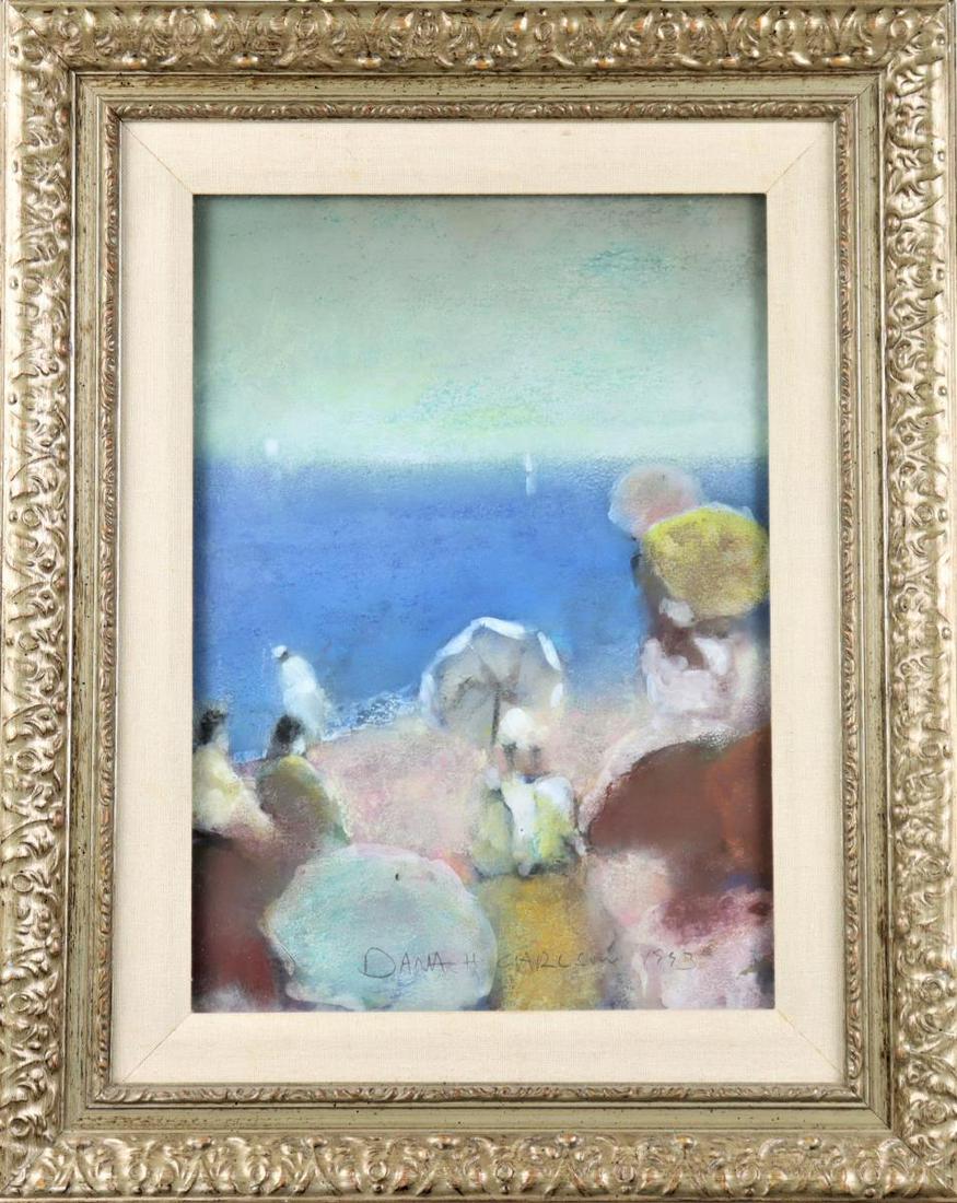 Dana Carlson (20th C) American, Pastel: Titled "Beach Goer with Parasols (Series - 1)" . This piece is a mixed media and was purchased from a NYC collection. Pastel-like expression of a lovely day at the beach.Overall size: 18 x 14 1/2 in.S