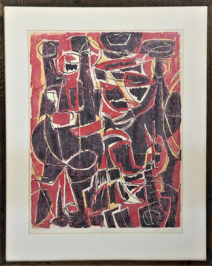 Richard Charles Zoellner (1908-2003) American: Titled "Birdland" 1954, color woodcut, signed in pencil. A similar piece can be found at Brooklyn Museum. Also an unframed print of "Birdland" is currently at Robert Rosenthal Fine Art. Richard Charle