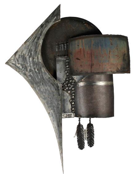 Rick Stewart (20/21st C.) Amer, Metal Sculpture: Signed large abstract metal wall sculpture with a Native American vibe. Born from strong geometric patterns, curves and angles that find their natural flow from being layered together, Rick Stewart's 