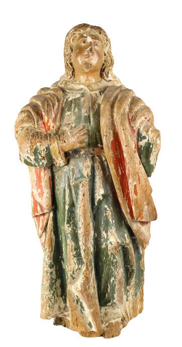 18th C. Polychrome Wood Carving of Saint: Polychrome wooden sculpture of a saint in green and red flowing robes. This solid wood piece is very heavy and insect damage is noted throughout, attesting to its age and authenticity.Size: 30 x 12 in