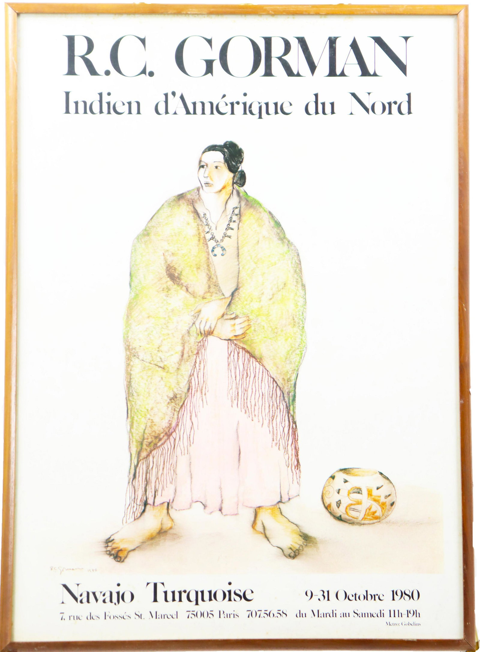 R.C.Gorman (New Mexico, 1932 - 2005): Print of Native American woman. French. Reads Natives of North American and Navajo Tourquoise. Paris address below. Dated 1980, lower right. 28 1/2 x 21 in. Please note that all sales are final. No re