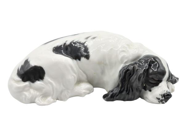19th C German Meissen Porcelain Springer Spaniel: Exquisite German Meissen figurine of a sleeping dog, mint condition mark on bottom.2 x 7 x 4 in. Please note that all sales are final. No refunds will be given under any circumstances.