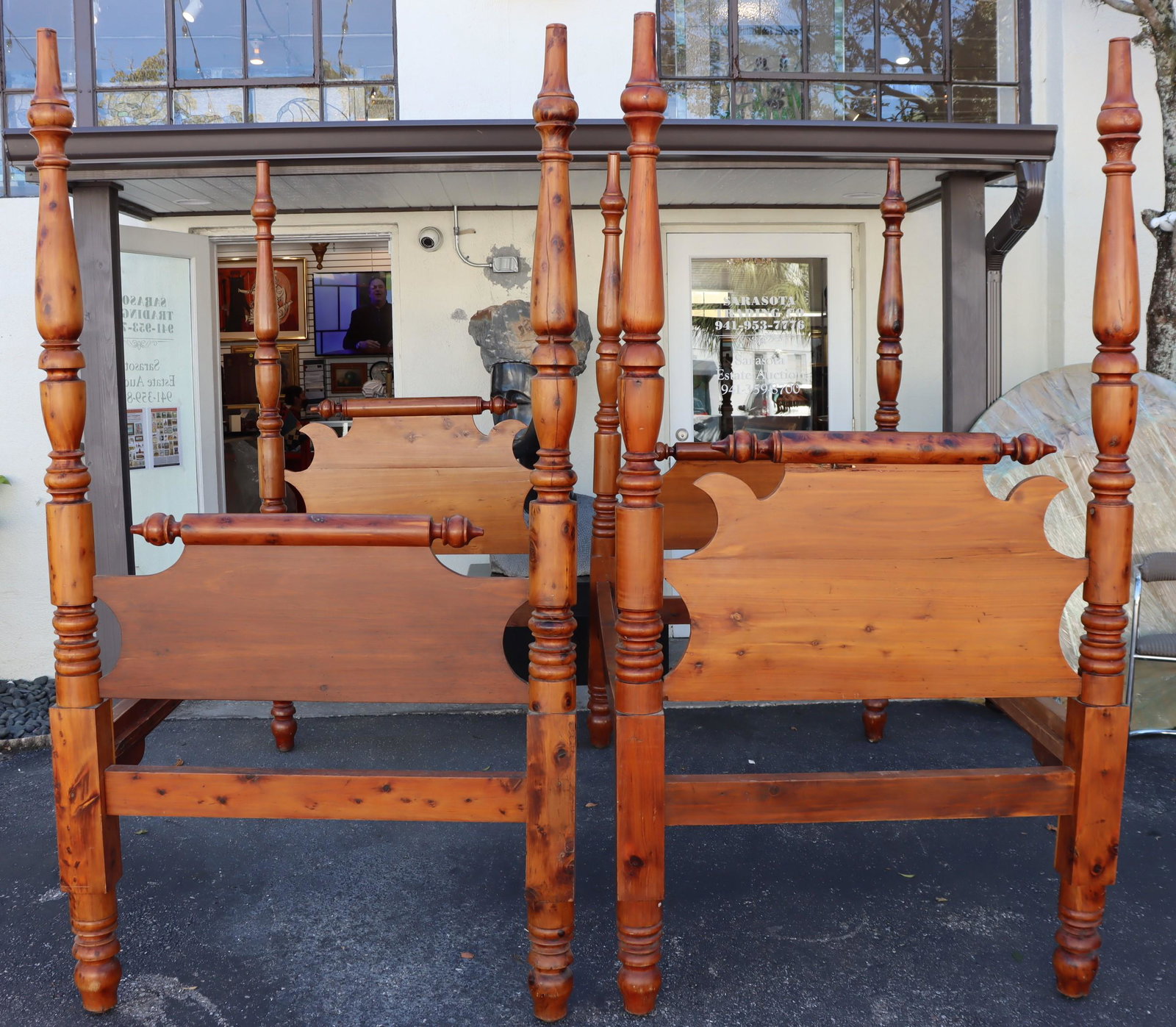Pair of 19th C. Bermudan Turned Twin Beds: Pair of 19th C. Bermudan Turned Twin Beds made of Cypress wood. Size each: 83 x 41 1/2 x 78 in. Please note that all sales are final. No refunds will be given under any circumstances.