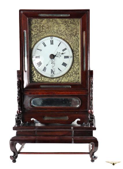 Rare Chinese Rosewood Qing Dynasty Clock: Roman numeral enameled face. 19th century. Exceptional case, exceptional carving.Size:11 x 9 x 19 in. H Please note that all sales are final. No refunds will be given under any circumstances.