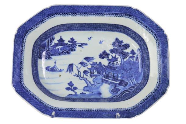19th C Blue & White Chinese Export Platter: Fitzhugh pattern. Superbly painted blue & white porcelain Platter. Village scene on the water. Minor flaws shown in pictures. Size: 14 1/2 x 11 x 2 1/2 in.Please note that all sales are final. No refu